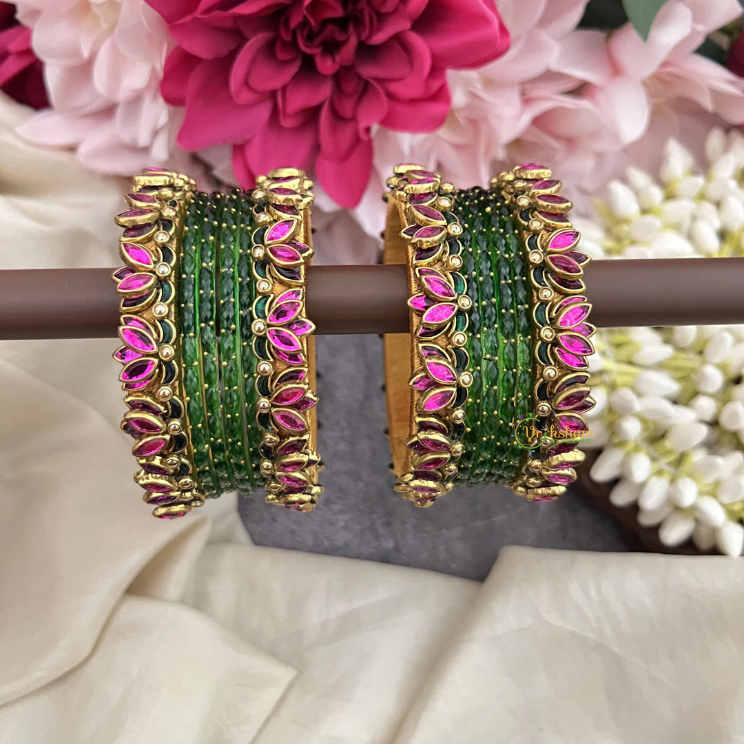 Green With Pink Lotus & Kundan Floral Style Silk Thread Bangle set